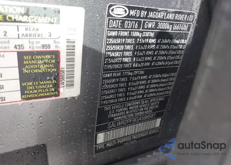 2016 Land Rover Range Rover Sport 3.0L V6 Supercharged Hse z USA, uszkodzony, nr VIN SALWR2PF9GA588581